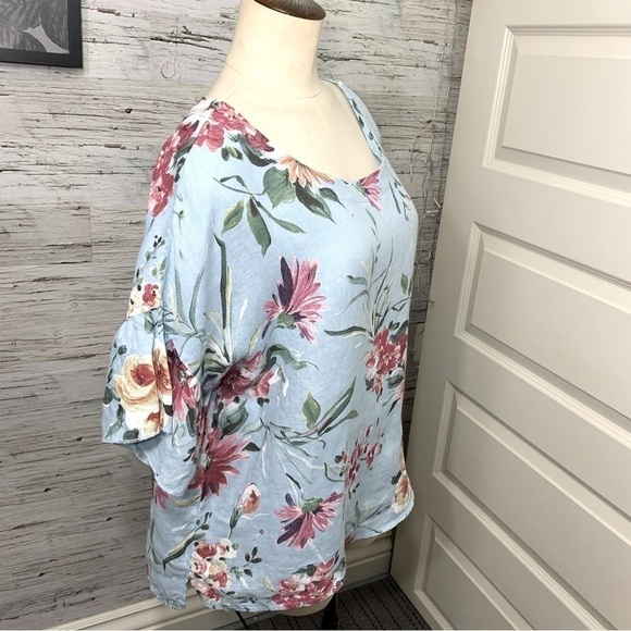 Bella Umbra Linen Blouse Sz M Blue Aqua Floral Tropical Ruffle Sleeves Top Italy - Picture 4 of 11